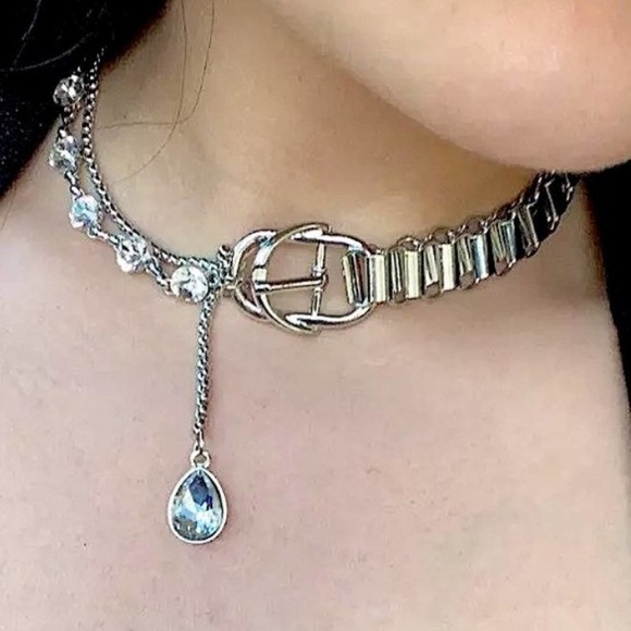 WHITE GOLD PLATED BUCKLE PUNK CHAIN RHINESTONE DROP CHOKER NECKLACE - Picture 9 of 9